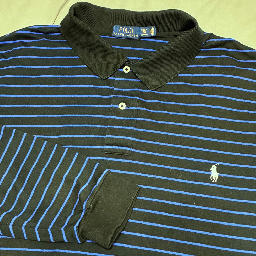 Polo Ralph Lauren Mens 3XB Big & Tall Long Sleeve Striped Polo Shirt Black Blue